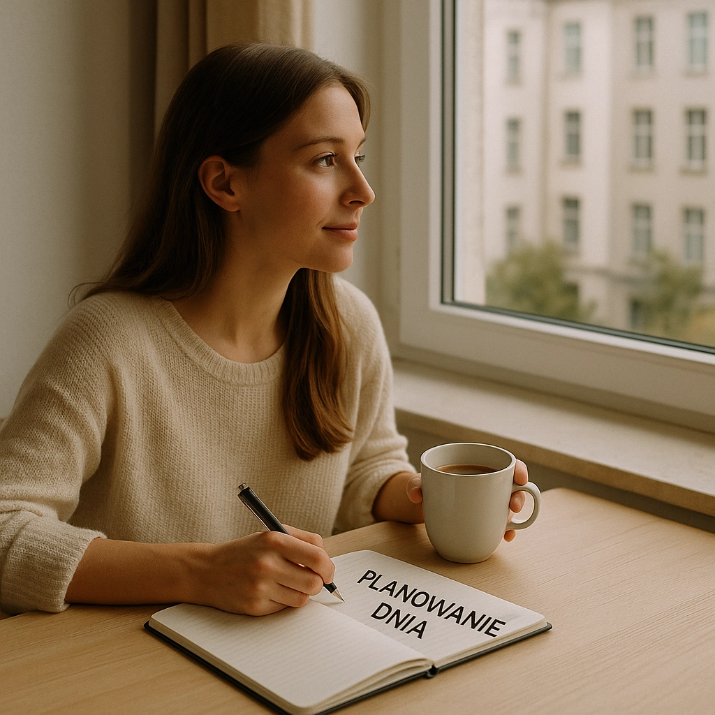 Kobieta siedzi rano przy oknie z kawą i notesem, w którym zapisuje plan dnia