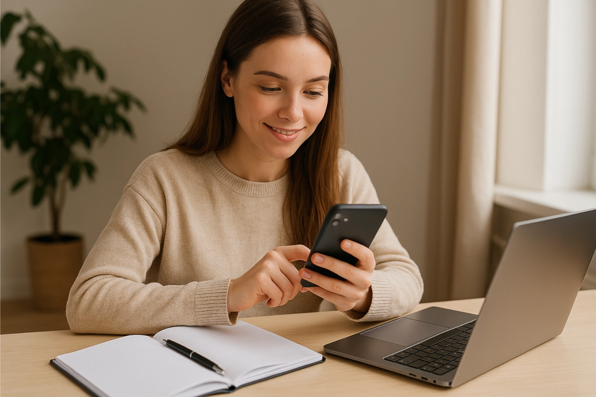 Kobieta siedzi przy biurku z laptopem i notesem, uśmiecha się, patrząc na ekran smartfona