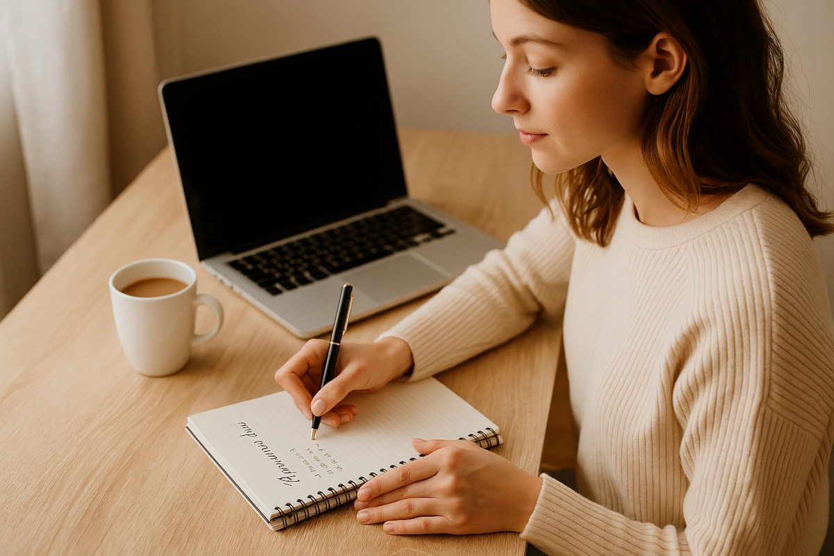 Kobieta siedzi przy biurku z notesem i kawą, planując swój dzień