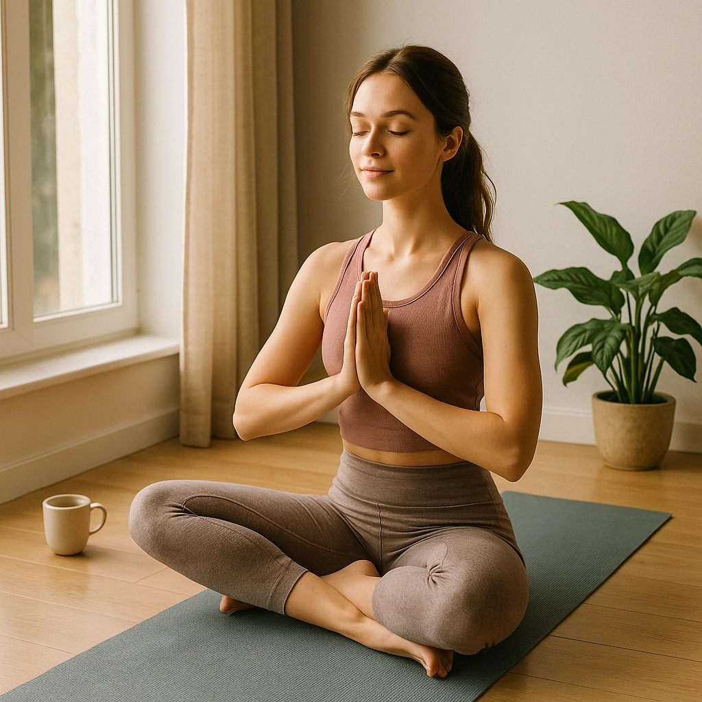 Kobieta praktykuje poranną jogę w spokojnym, słonecznym pokoju – siedzi w pozycji medytacyjnej na macie, z dłońmi złożonymi przy sercu